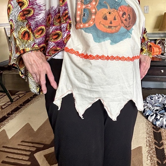 Fun Halloween Pumpkin Top with Colorful Sleeves.  Upcycled handmade! - Picture 3 of 5